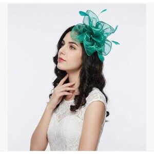 Tea Party Headwear Ribbons Feathers on a Headband & a Clip, Green